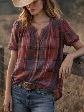 Lucky Brand Plaid Peasant Blouse XS Boho Smocked Yoke Cotton Short Sleeve Top